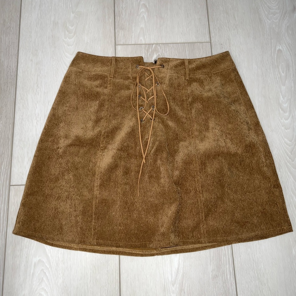 Brown corduroy mini skirt with tie detail in front